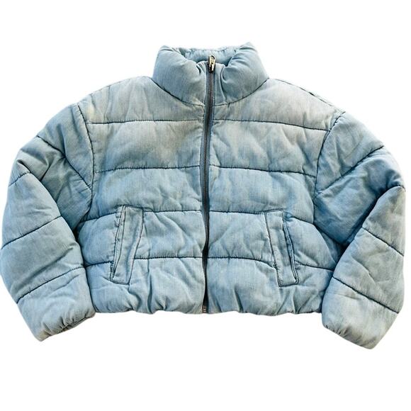 GAP Girls Denim Crop Puffer Coat Size Medium Short - Picture 1 of 7
